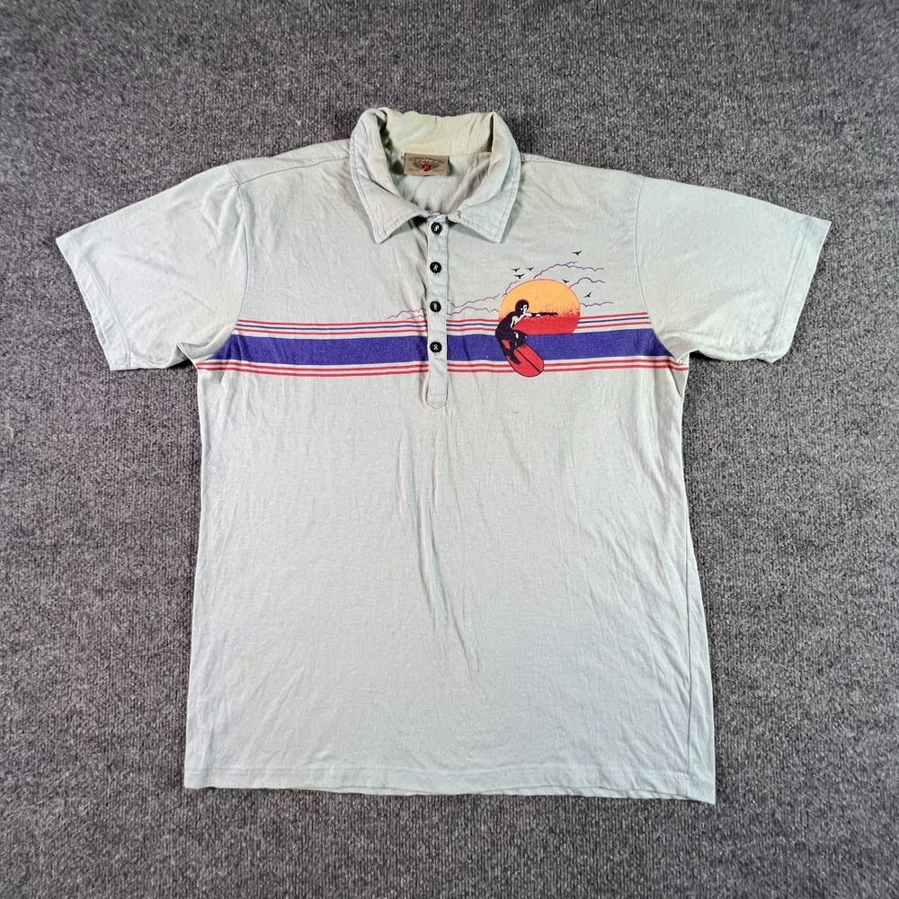 Steve & Barry's Polo Shirt Men's M Gray Cotton Graphic Surfing Sunset Casual